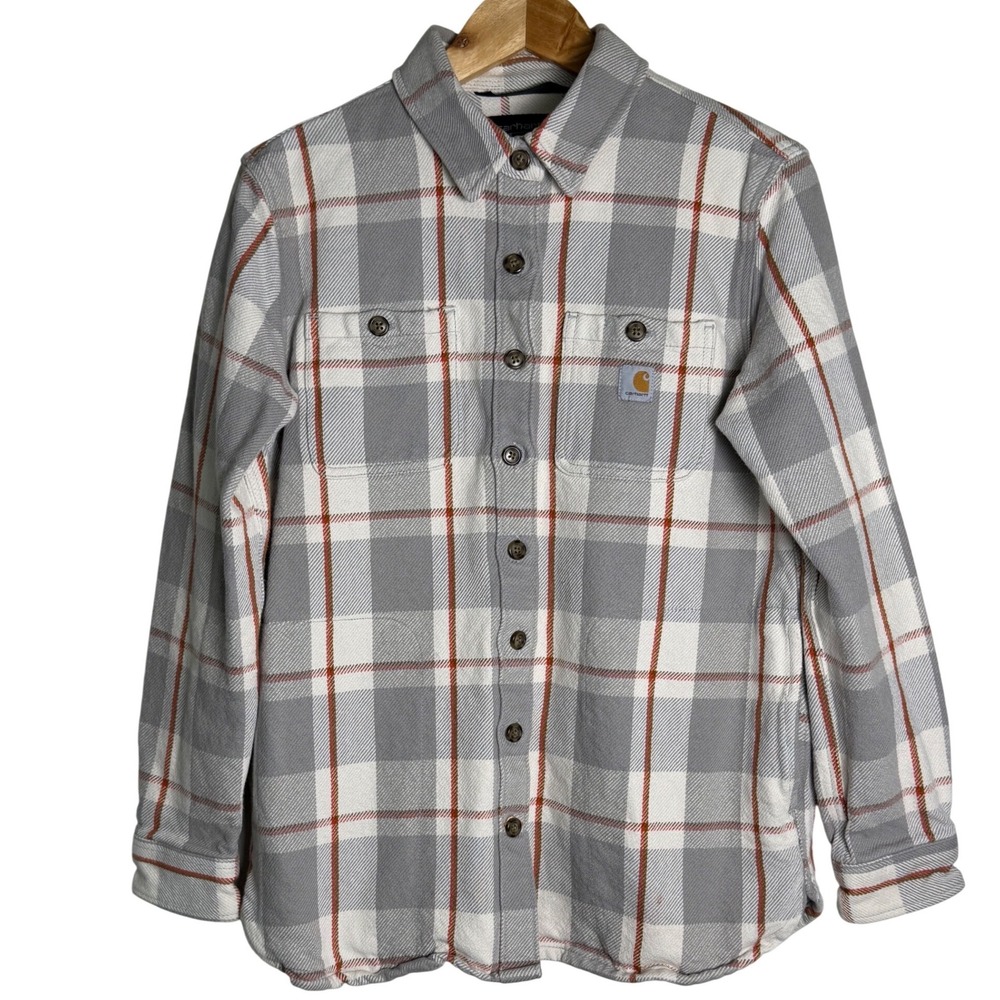 Carhartt Flannel Women‎ S Rugged Twill 105036 Gray Plaid Button Down EUC